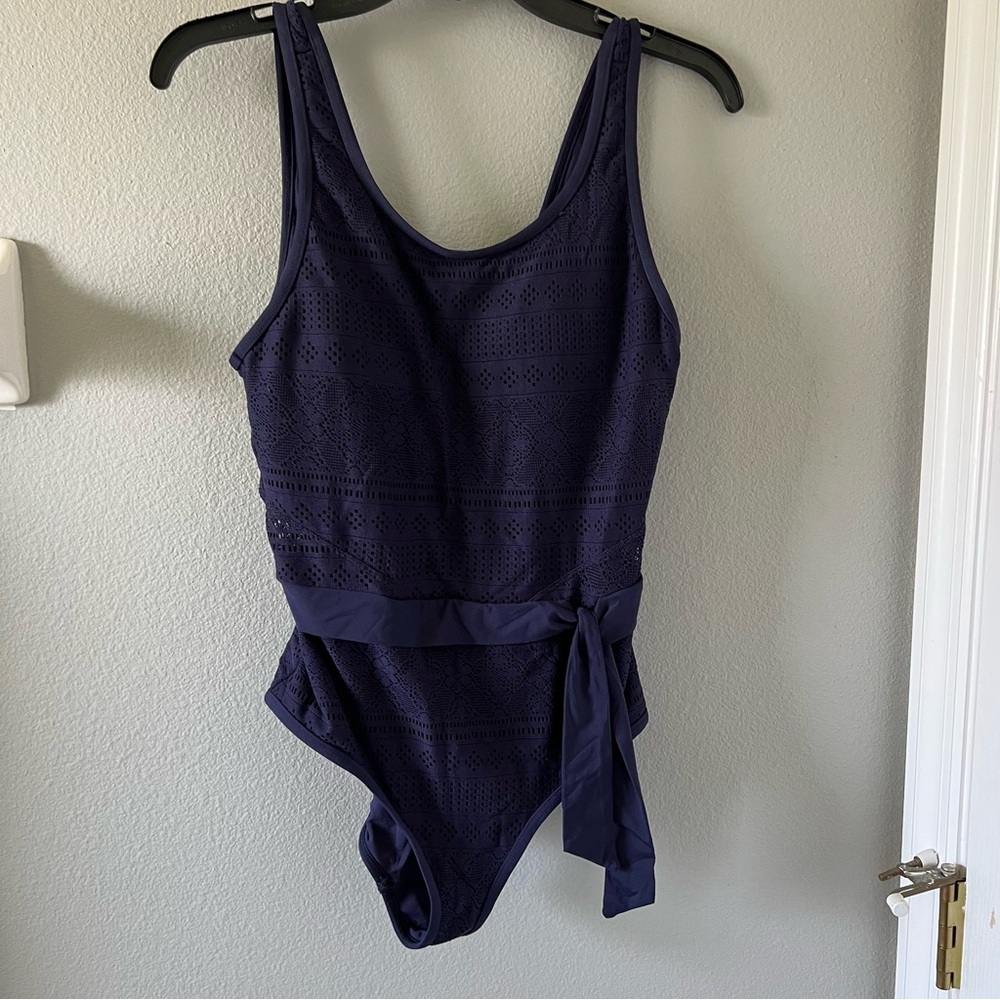 Anne Cole One Piece Navy Blue Lace Overlay Bathing Swim suit Sz 12
